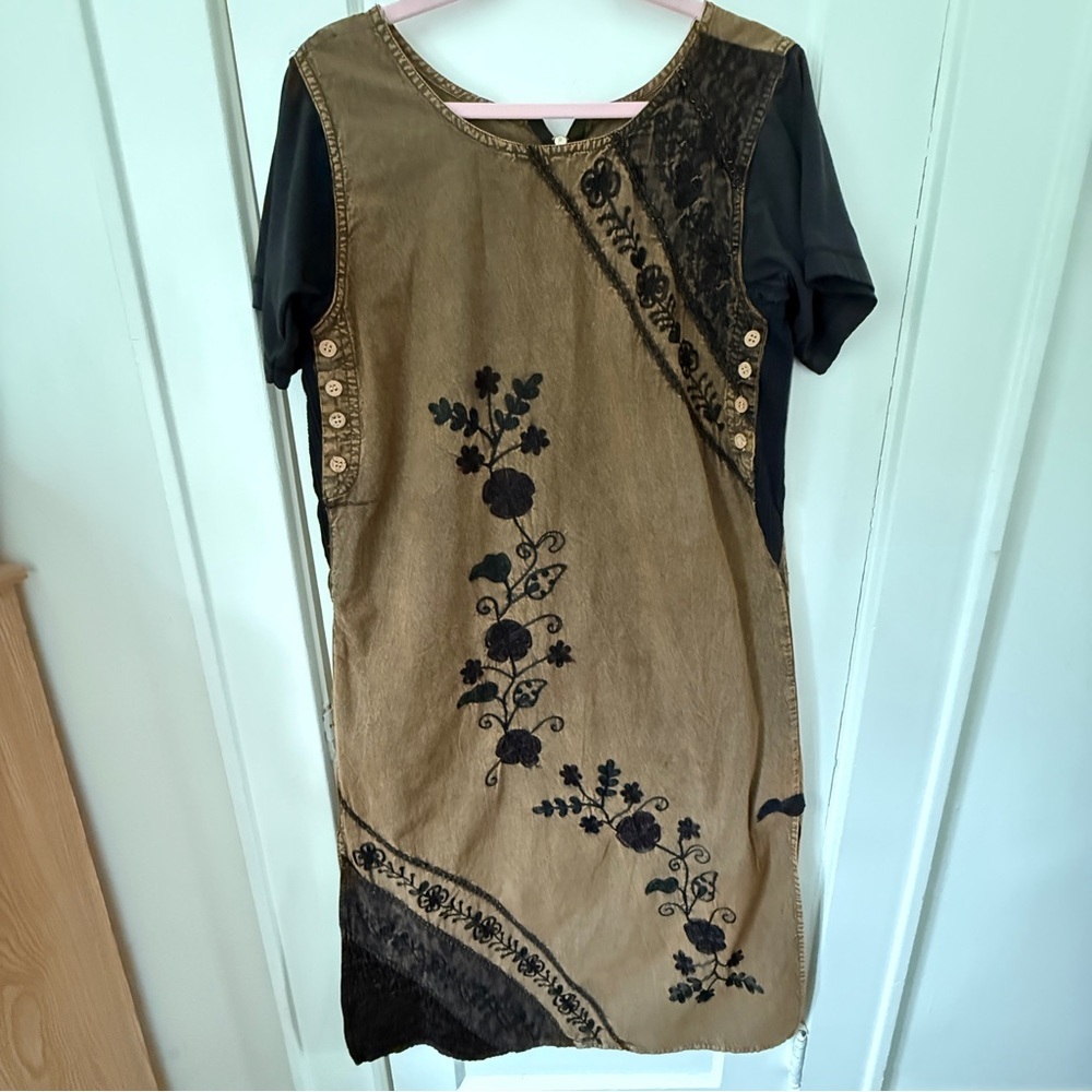 Upcycled Boho Dress with Mixed Textures and Embroidered Floral Detail Size M/L